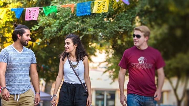 Two trinity 学生 walk together across campus.